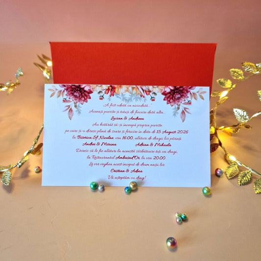 Invitație Eleganta de Nunta cu Flori si Plic Rosu Inima – Carton Sidefat