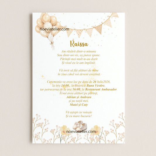 Invitatie Botez Fetita Botine Crem - Format digital