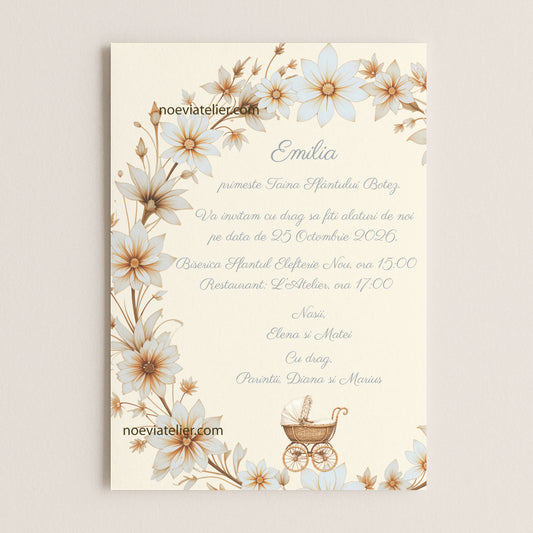 Invitatie Botez Fetita Carucior Crem - Format digital