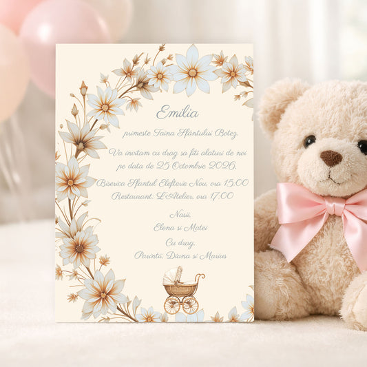 Invitatii Botez Fetita Carucior Crem