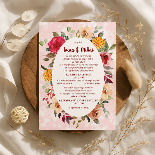 Invitatie Nunta Eleganta cu Rama Florala si Fundal Roz